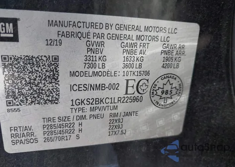 2020 GMC Yukon 4Wd Slt из США, поврежденный, VIN 1GKS2BKC1LR225960